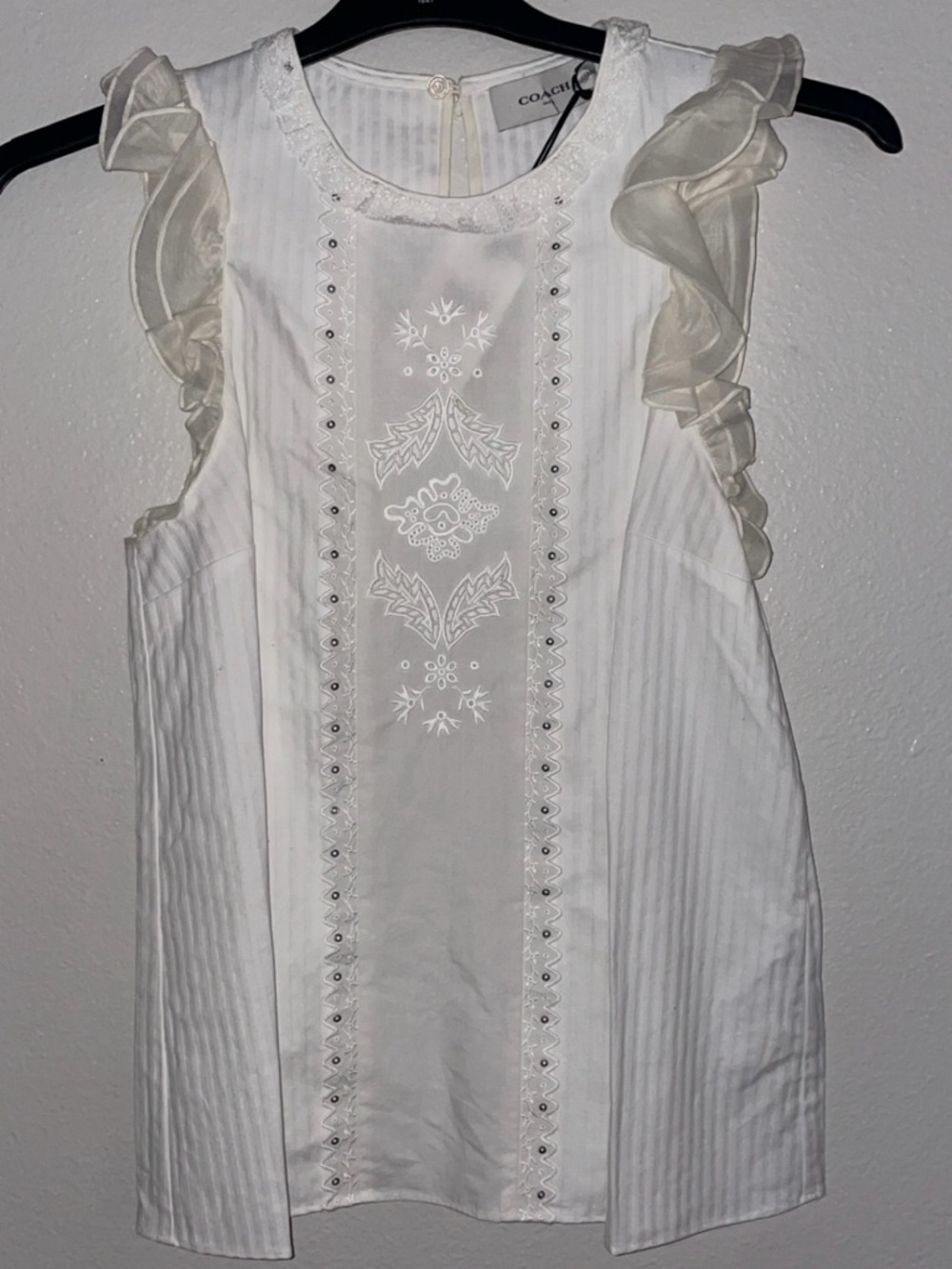 Coach Cream Ruffle Sleeve Embroidered Sleeveless Blouse